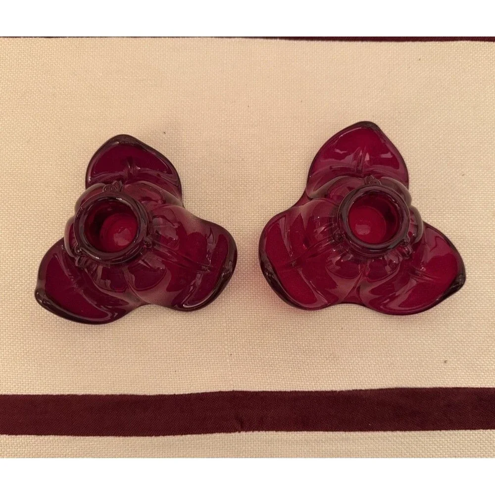 Vintage 1930s Ruby Red Duncan Miller Glass #71 American Leaf Candleholder Set